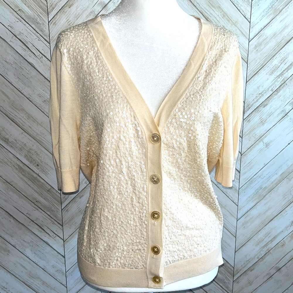 Talbots light weight, elbow length sleeve, cream, sequin sweater, size MP
